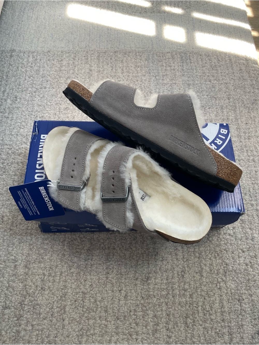 NIB Birkenstock Arizona Shearling Suede Stone Coin Grey MSRP $165
